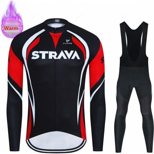 2022 New Strava Winter Thermal Fleece Long Sleeve Jersey Suit Bib Pants Mtb Cycling Clothes Men Outdoor Riding Bike Clothing