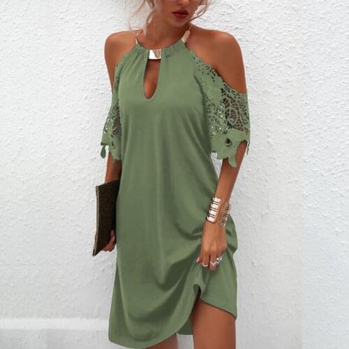 Elegant Halter Dress Short Sleeve Solid Color Ladies Dress Sexy Vestido Strapless Lace Hollow Out Mini Robe Summer Women Dresses