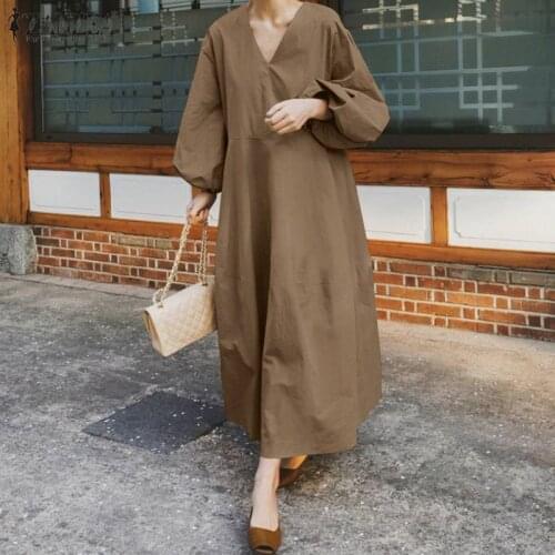 Fashion Autumn V Neck Casual Loose Dress Women Elegant Long Puff Sleeve Sundress Solid Party Vestido Robe Femme Dresses Kaftan