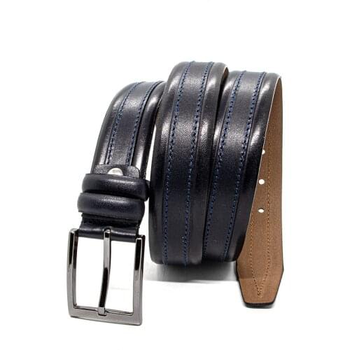 Genuine Soft Leather Handmade Dark Blue Man Belt High Quality Calfskin Pants Metal Buckle Casual Gift For Valentines Day