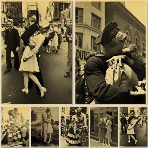 Retro Poster World War II Victory Old Photo Bar Cafe Vintage Decoration Painting Nurse Kisses Sailor Home Art