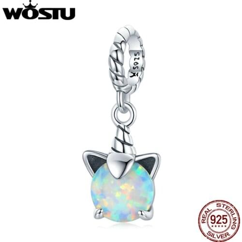 WOSTU 925 Sterling Silver Opal Cute Unicorn Charms Pendant Fit Women Girl Bracelets Cute Fashion Jewelry Making Gift DAC474