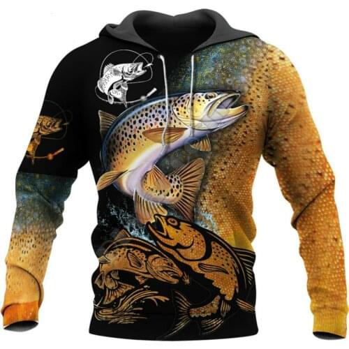 Harajuku style sweater mens and womens round neck casual streetwear 3D brown trout print 2021 long-sleeved hoodie