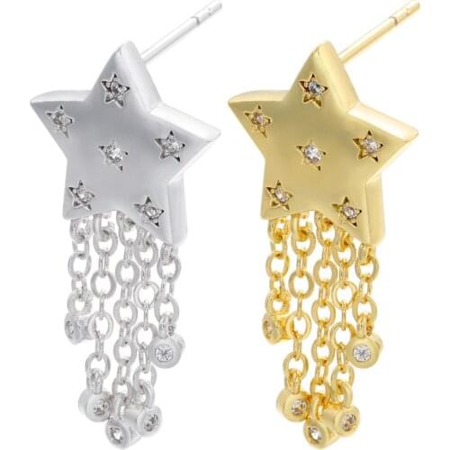 Fashion Micro-inlaid Cubic Zircom Star Tassel Earrings for Women Jewelry Pentagram Long Fashion Jewelry Pair Stud Earrings