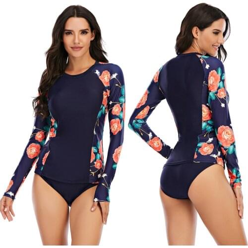 Womens Long Sleeve Rash Guard Swimwear Floral Two Piece Padded Surfing Wetsuit