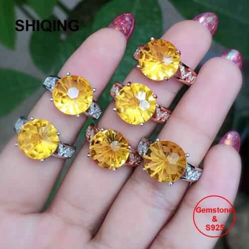 SHIQING Genuine gemstone nature citrine round big honeycomb stone precious metal silver letter w rings for women