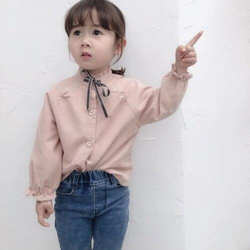 2020 New Girls Bow Shirt Long Sleeve Corduroy Blouse Shirt Korean Style Kids Tops Pink White BC873
