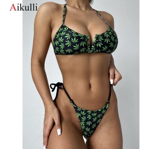 2021 Sexy V-bar Underwired Bikinis Leaf Print Swimsuit Women V-Neck Swimwear Summer Push Up Bikini Set Female Swim Bathing Suits