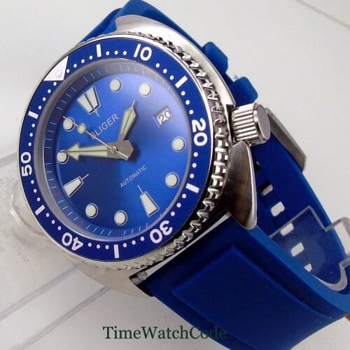 45mm Mens Watch Japanese NH35A Sapphire Crystal Date C3 Lume Hands Automatic Movement Blue Dial Rubber Strap aluminum bezel