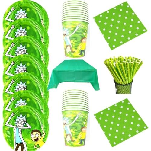 66pcs/lot Rick And Morti Theme Napkins Birthday Party Glass Plates Cups Tablecloth Decorate Kids Favors Straws Dishes Towel