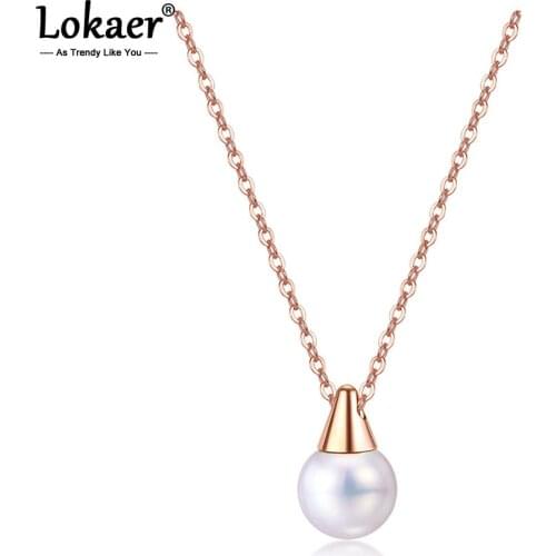Lokaer Trendy Stainless Steel Simulated Pearl Pendant Necklaces Jewelry Bohemia Chain Link Choker Necklace For Women N17081