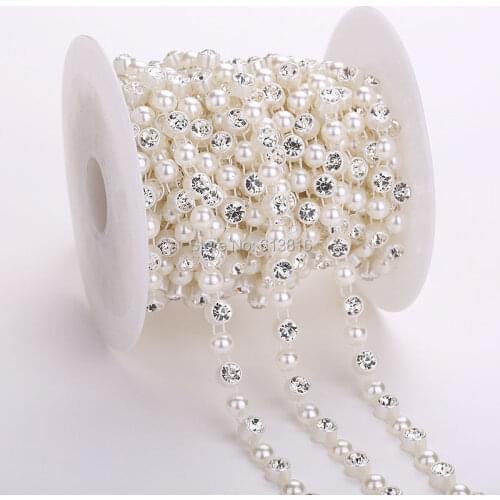 7mm Pearl chain plastic cup with clear crystal pearls chain 10yards/roll DIY jewelry wedding accessories party decoration
