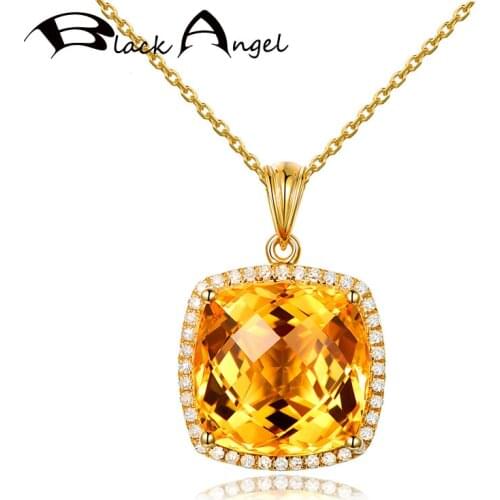 BLACK ANGEL 18K Gold Luxury Square Citrine Tourmaline Yellow Crystal Gemstone Pendant Necklace For Women Jewelry Wedding Gift