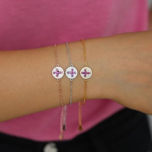 Delicate 925 Sterling Silver Cross Charms round disco Bracelet AAA+ Tiny Crystal Link Chain Bracelet for Women Wedding Jewelry