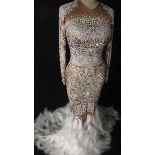 Dropshipping Long Celebrity Dresses Sparkly Rhinestones Feather Nude Dress Sexy Nightclub Birthday party outfit stage costume