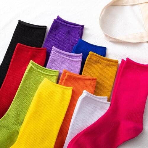 Candy Color Breathable Cotton Frilly Socks Women Girls Fashion Vertical Stripes Mid-tube Socks Solid Japanese Harajuku Cute Sock