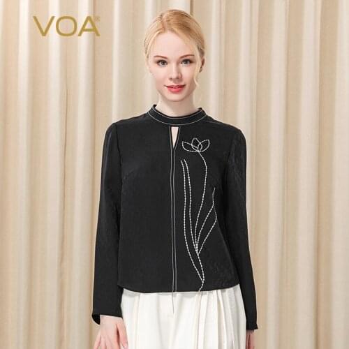 VOA Silk Jacquard Black Polka Dot Dark Grain Semi-high Collar Openwork Bright Line Decorative Straight Long Sleeve T-shirt BE235