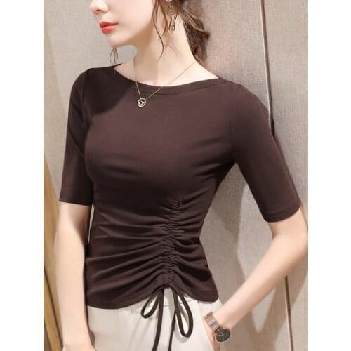 Brown Sleeve T-shirt Women 2021 Autumn Folds Drawstring One-shoulder French Niche Chic Elegant Slim comfortable Top