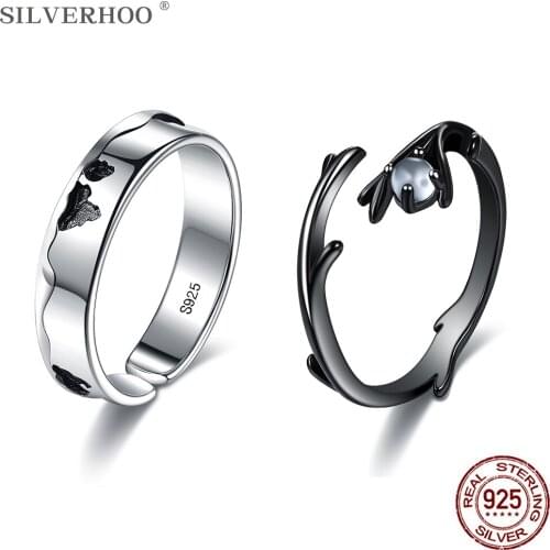 SILVERHOO 925 Sterling Silver Original Moonlight Forest Finger Ring Shiny Moonstone Black Branch Rings For Women Elegant Jewelry