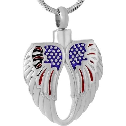IJD9550 USA National In My Heart Stainless Steel Feather heart Cremation Pendant Necklace Keepsake Ashes Jewelry for Men