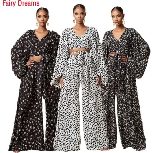 Autumn African Elegant Digital Print V-Neck Lace Cardigan Lantern Sleeve Top Loose Pants Outfit Fashion Women Two Piece Set