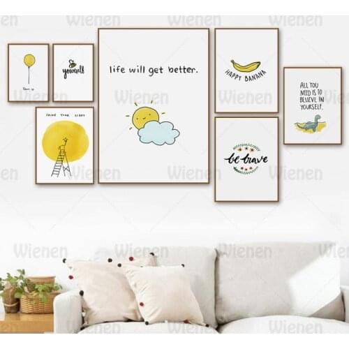 Minimalist Yellow Nursery Wall Art Cute Cartoon Canvas Painting Balloon Banana Dinosaur Moon Sun Nordic Posters Print Home Decor