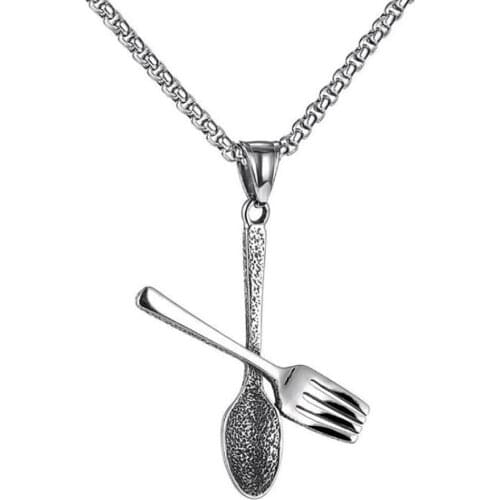 Stainless Steel Vintage Creative Tableware Spoon and Fork Pendant Necklace Punk Rock Men Jewelry Gift For Him with Chain