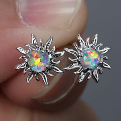 Charm Female White Blue Opal Round Earrings Classic Silver Color Small Sun Stud Earrings Trendy Bride Wedding Earrings For Women