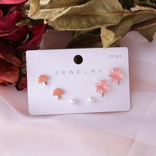 Charming Pink Opal Leaf Mushroom Stud Earrings Set for Women 2021 Trend Jewelry серьги 2021 тренд Cute Small Earrings 3 Pair/set