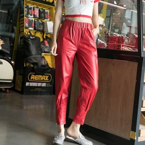 Autumn Fashion Zipper Joggers Harem Plus Size Slim Women Real Leather Trousers Female Brand Sheepskin Pants Ladies