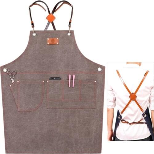 T21D Professional Chef Apron Cotton Canvas Cross Back Adjustable Barista Apron with Pockets Kitchen Cooking Baking Apron