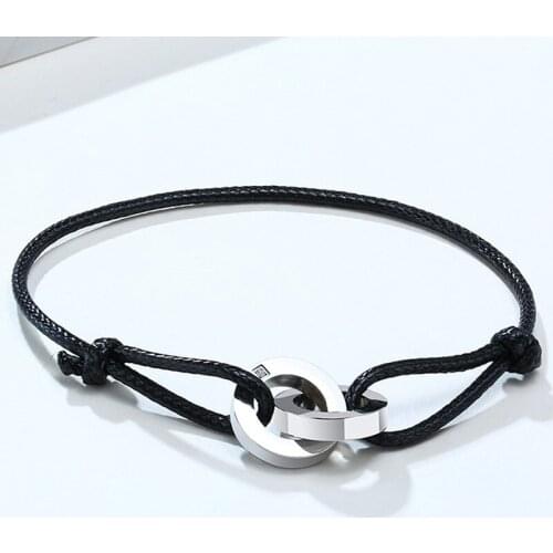 Adjustable Rope Bracelet With Interlocked Circle Stainless Steel Charm String Men Women Gifts
