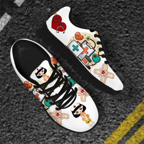 ELVISWORDS Lovely Nurse Girl Prints Comfortable Walking Shoes for Women Non-slip Lace-up Ladies Flat-Shoes Casual Woman Footwear