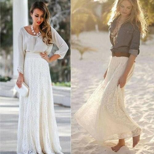 Women Lace Flowers Skirts Elegant Lady High Elastic Waist Pleated Long Skirts Classic Floral Lace Skirts Boho Holiday Lady Skirt