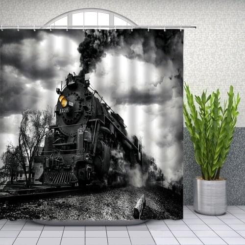 Hot Sale Retro Train Shower Curtains Steam Engine Bathroom Decor Home Bath Waterproof Polyester Curtain Set Cheap