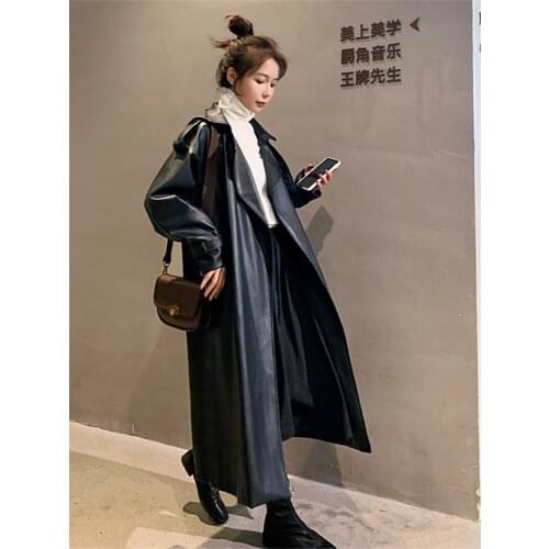 Womens PU Leather Jacket 2021 New Spring Autumn Korean Loose Retro Mid-Length Suit Collar Windbreaker Bandage Outerwear zh30