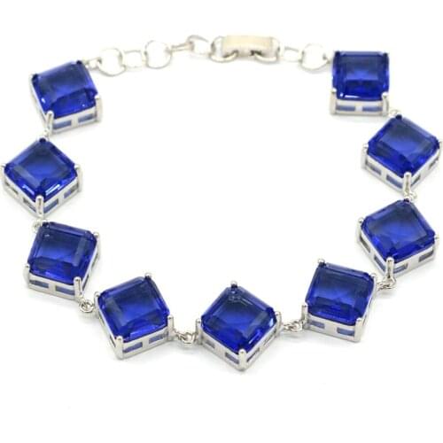 8x6mm Classic Oval Created London Blue Topaz Gift For Womans Jewelry Making Silver Bangle Bracelet 7.5 inch