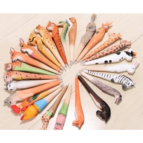 100pcs Animal Wooden carving creative ballpoint pen wood Ball point pens handmade sculpture student ball-point for gift SN372