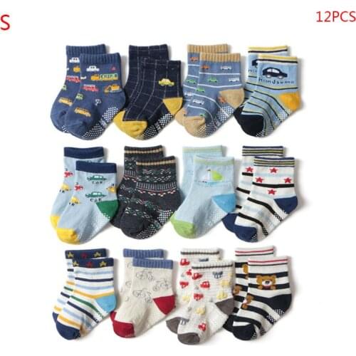 12 Pair/Set Toddler Baby Combed Cotton Socks Anti-slip Cartoon Floor Stocking XXFE
