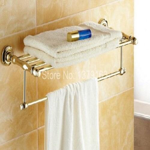 Bathroom Accessory Luxury Golden Gold Color Brass Wall Mounted Bathroom Towel Rail Holder Storage Rack Shelf Bar aba101