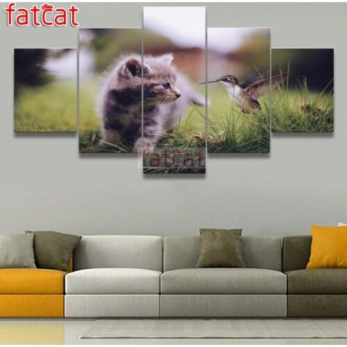 FATCAT Kitten and bird animal 5 Piece Diy Diamond Painting Full Square Round Mosaic Embroidery cat Needlework Decoration AE2512