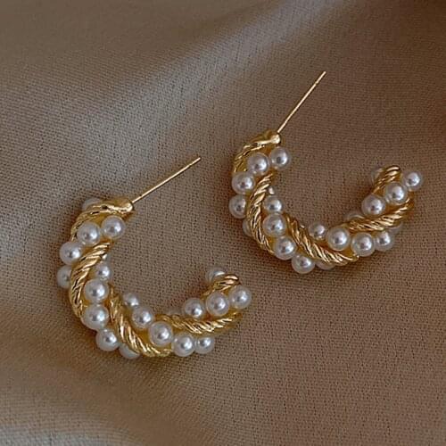 Elegant Simulated Pearl Dangle Earrings For Women C-Shaped twist Geometric Square Teardrop Earring Girl Party Engagement Jewelry