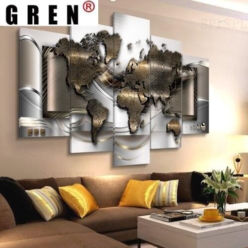 GREN 5 Panels Colorful Worldmap Canvas Painting Poster Prints Abstract Picture Wall Art Modern Home Decor Living Room Unframed
