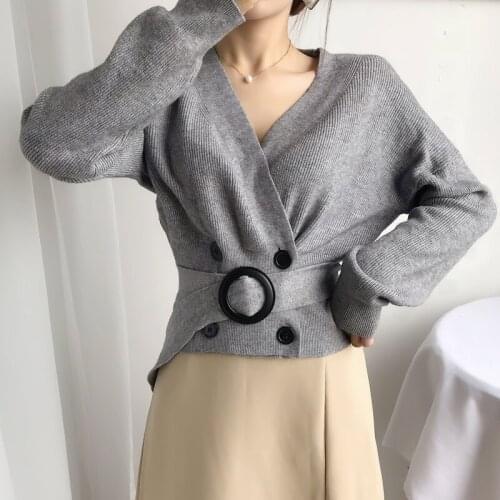Zoki Sexy V-neck Women Knit Sweater Cardigan Autumn Cardigan Long Sleeve Tunic Double Breasted Female Top Casual Korean Sweater