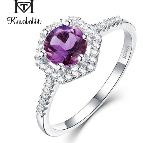 Kuololit Natural Amethyst Gemstone Rings for Women 925 Sterling Silver Round Cut Stone Ring Wedding Engagement Gift Fine Jewelry