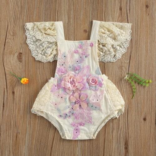 Newborn Baby Girls Crochet Lace Romper Floral Loose Fly Sleeve Square Collar Tie-up Playsuit Outfits 0-24months