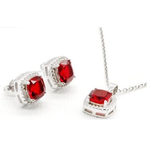 925 Silver Geometric Red Pendant Necklace Earrings Set Elegant Jewelry Set Women Valentine Wedding Engagement Gift