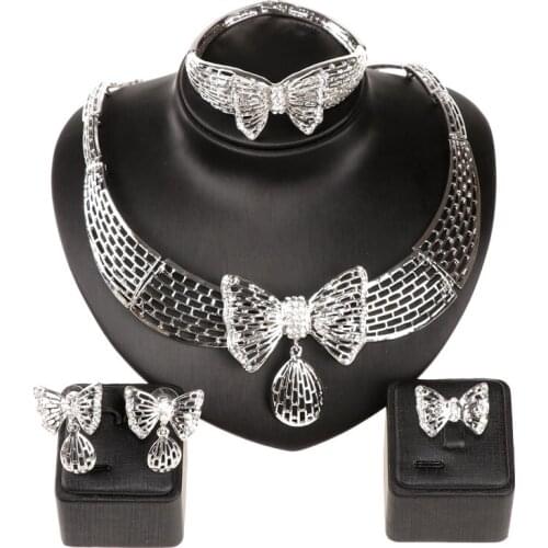 Fashion Silver Plated Jewelry Sets For Women Crystal Butterfly Pendant Necklace Earring Jewellery Set Bridal Wedding Accessories