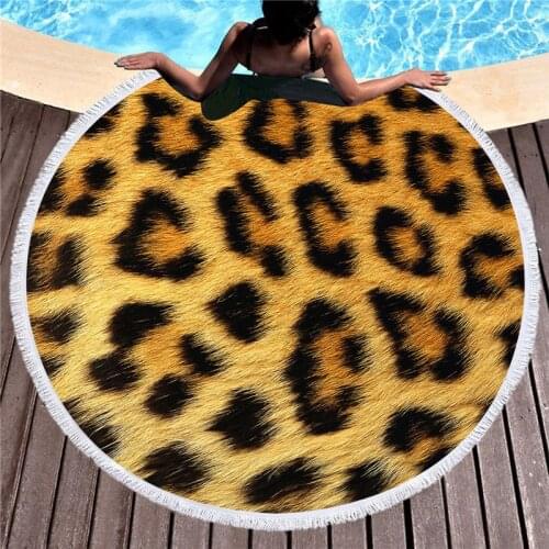 Round Beach Towel With Tassels Microfiber Leopard Tiger Pattern Printed 150cm Summer Swimming Picnic Mat Tapestry Travel Blanket
