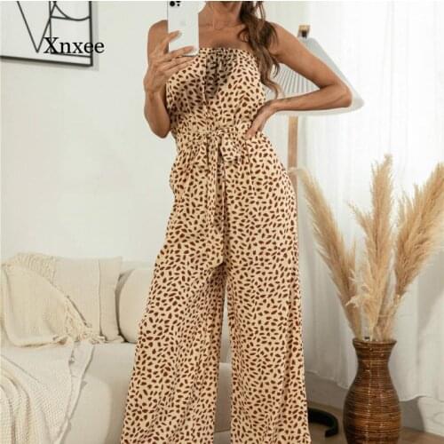 Summer Fashion Sexy Womens Jumpsuit Sleeveless Strapless Wide Leg Pants Heart-Shaped Printed Pocket Lace Design Jumpsuit